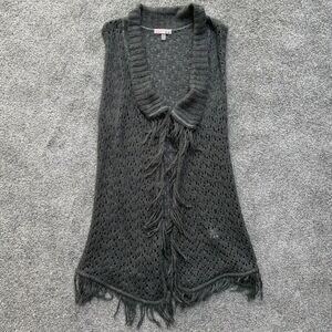 T.O. Gray Top Knit Tassels Fringe Cardigan Cover Up Boho Vacation Resortwear VTG